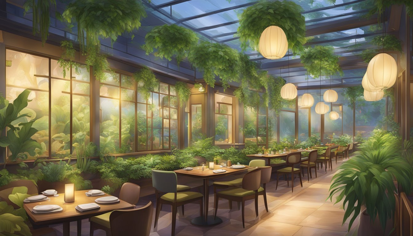 The lotus vegetarian restaurant is filled with vibrant green plants and soft lighting, creating a peaceful and inviting atmosphere