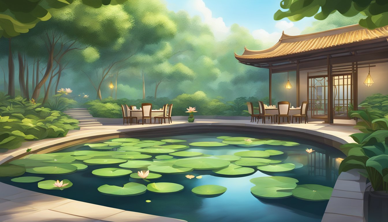 A serene lotus pond sits in the center of the restaurant, surrounded by lush greenery and soft lighting, creating a peaceful and inviting atmosphere