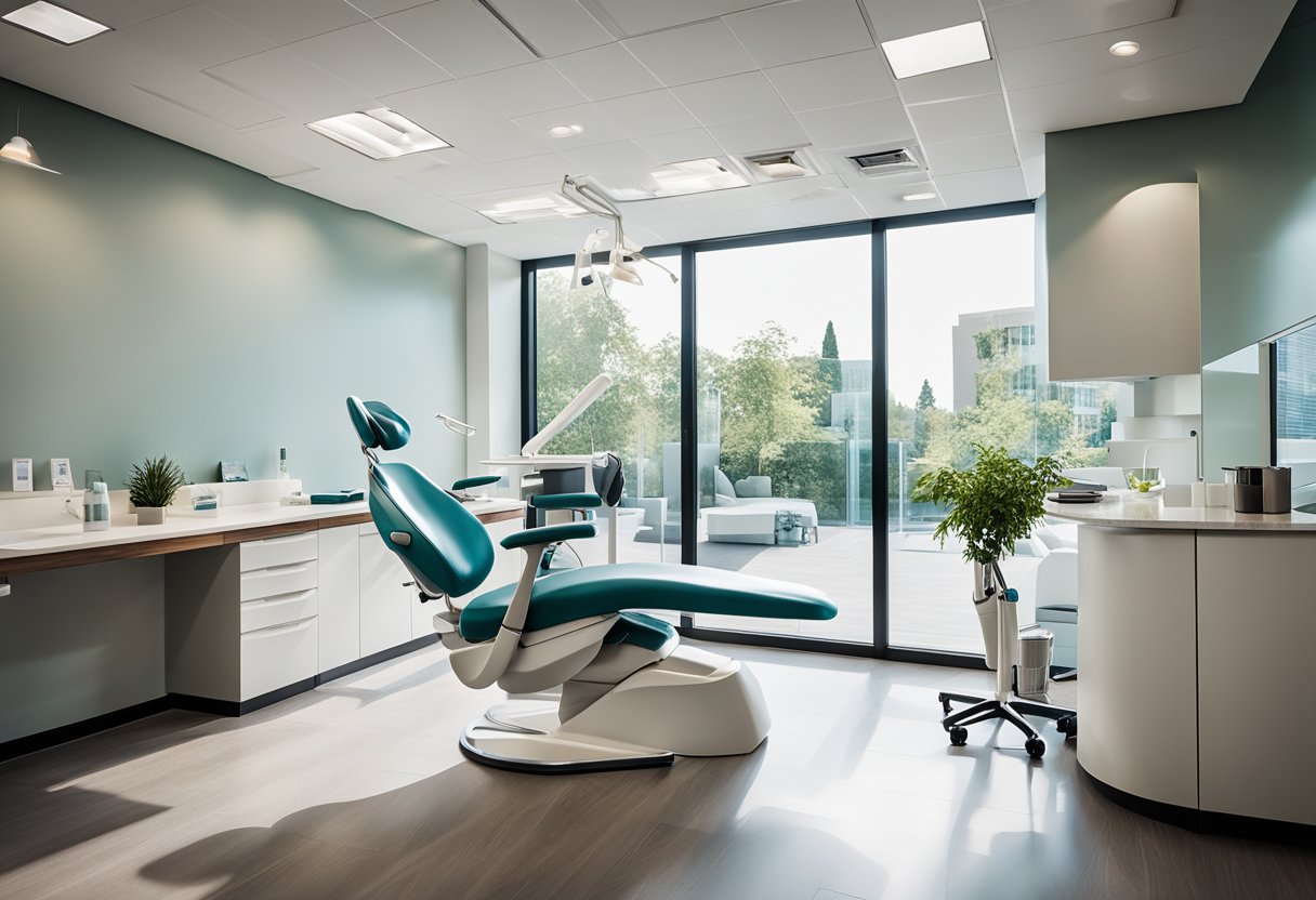 A modern dental office with sleek furniture, calming color scheme, and natural light streaming in through large windows. Clean lines and minimalist decor create a welcoming and professional atmosphere