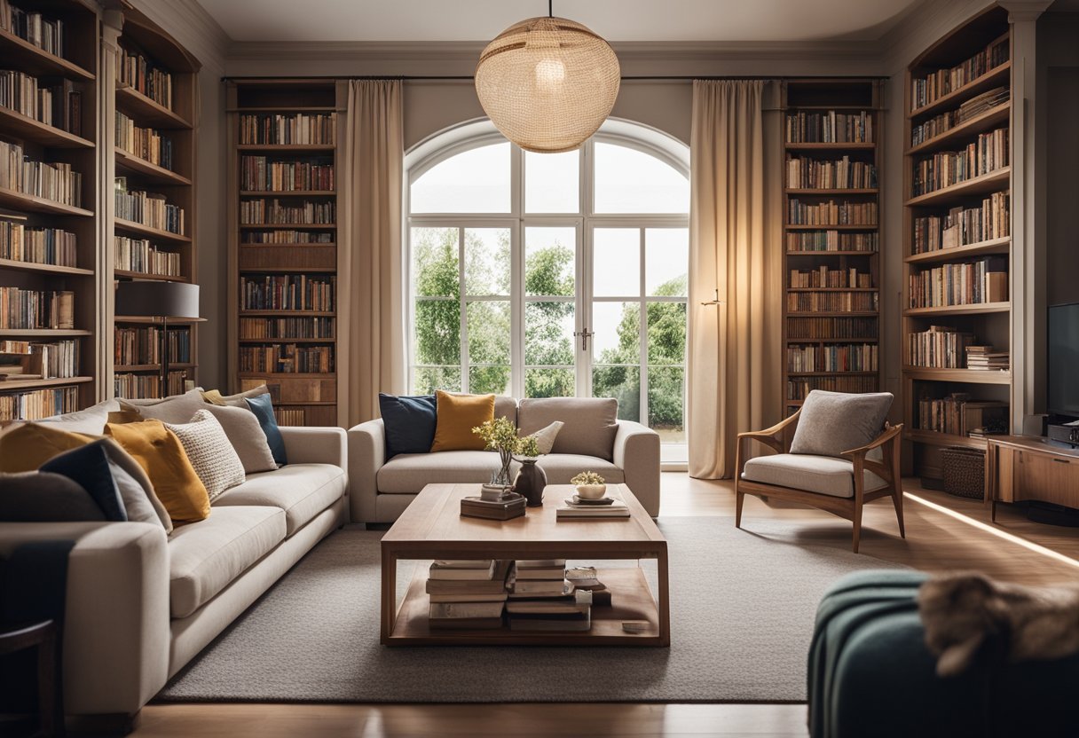 A cozy living room with wooden furnishings, warm lighting, and a comfortable seating area. A bookshelf filled with books and decorative items, and a large window letting in natural light