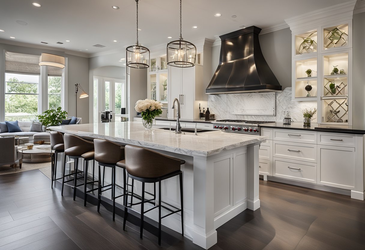 A spacious kitchen with a grand, marble-topped island, surrounded by sleek, modern bar stools. The island features built-in storage and a built-in cooktop