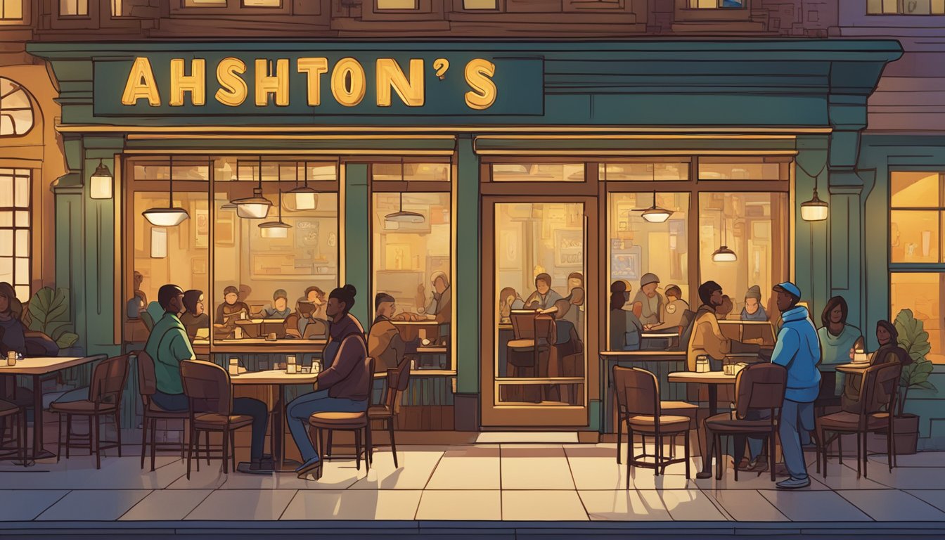 A bustling restaurant with warm lighting, cozy seating, and a vibrant atmosphere. A sign reading "Why Choose Ashton's?" hangs above the entrance, drawing in hungry patrons