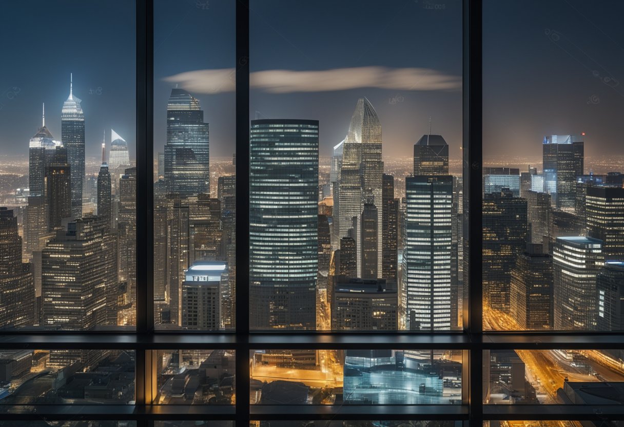 A modern office window with city skyline view and sleek, minimalist frame