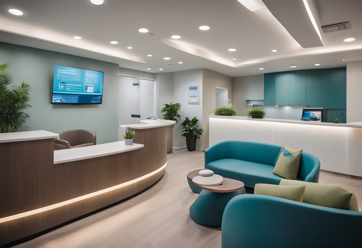 A modern dental office with clean lines, bright lighting, and comfortable seating. A reception desk with friendly staff, and a waiting area with educational materials
