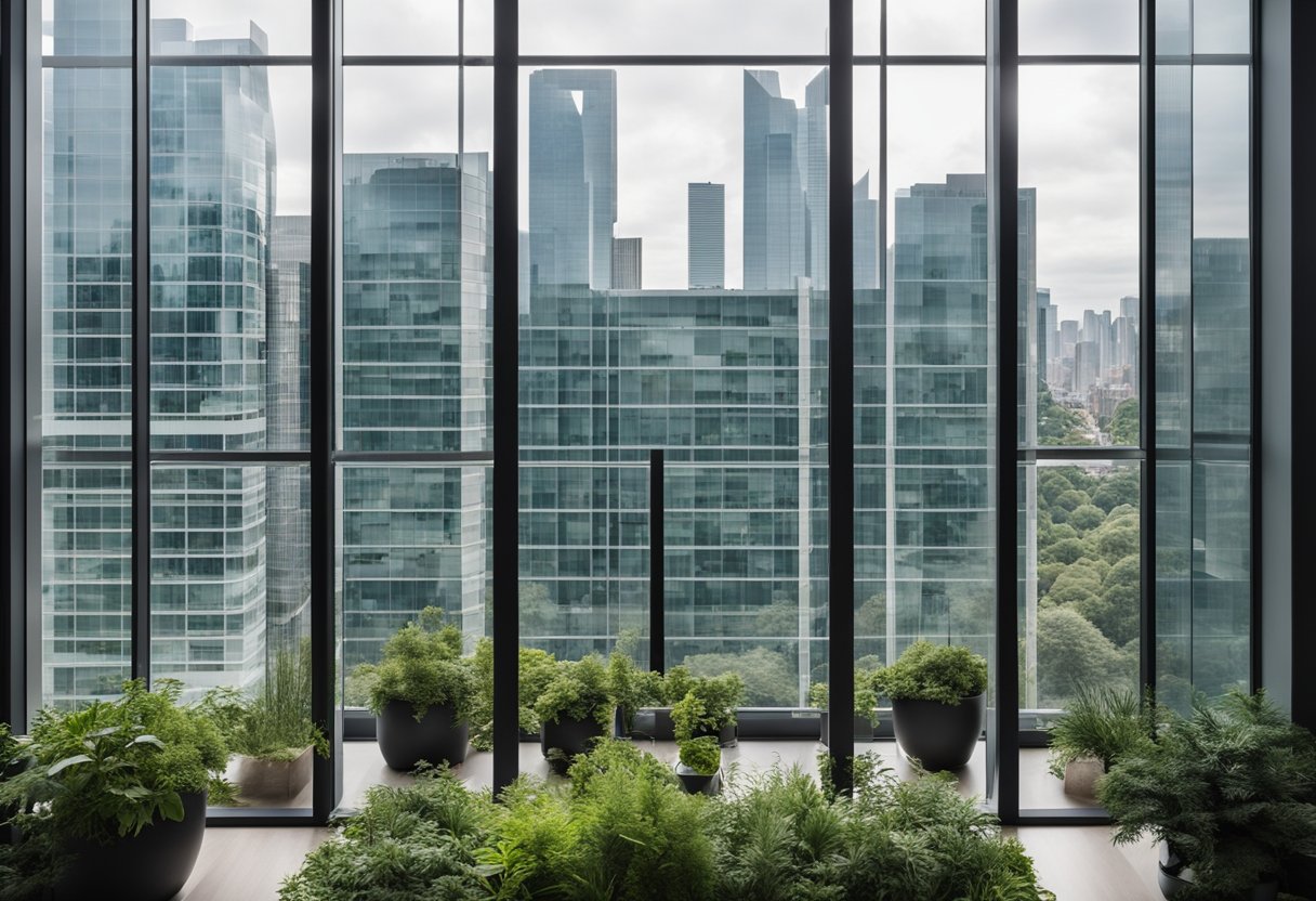 The office window design features sleek, floor-to-ceiling glass panels with minimal framing, allowing ample natural light to flood the space. The view outside shows a bustling cityscape with tall buildings and greenery