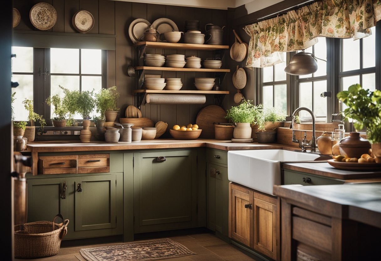 A cozy country kitchen with rustic wooden cabinets, a farmhouse sink, hanging pots, and pans, vintage-inspired appliances, and floral curtains
