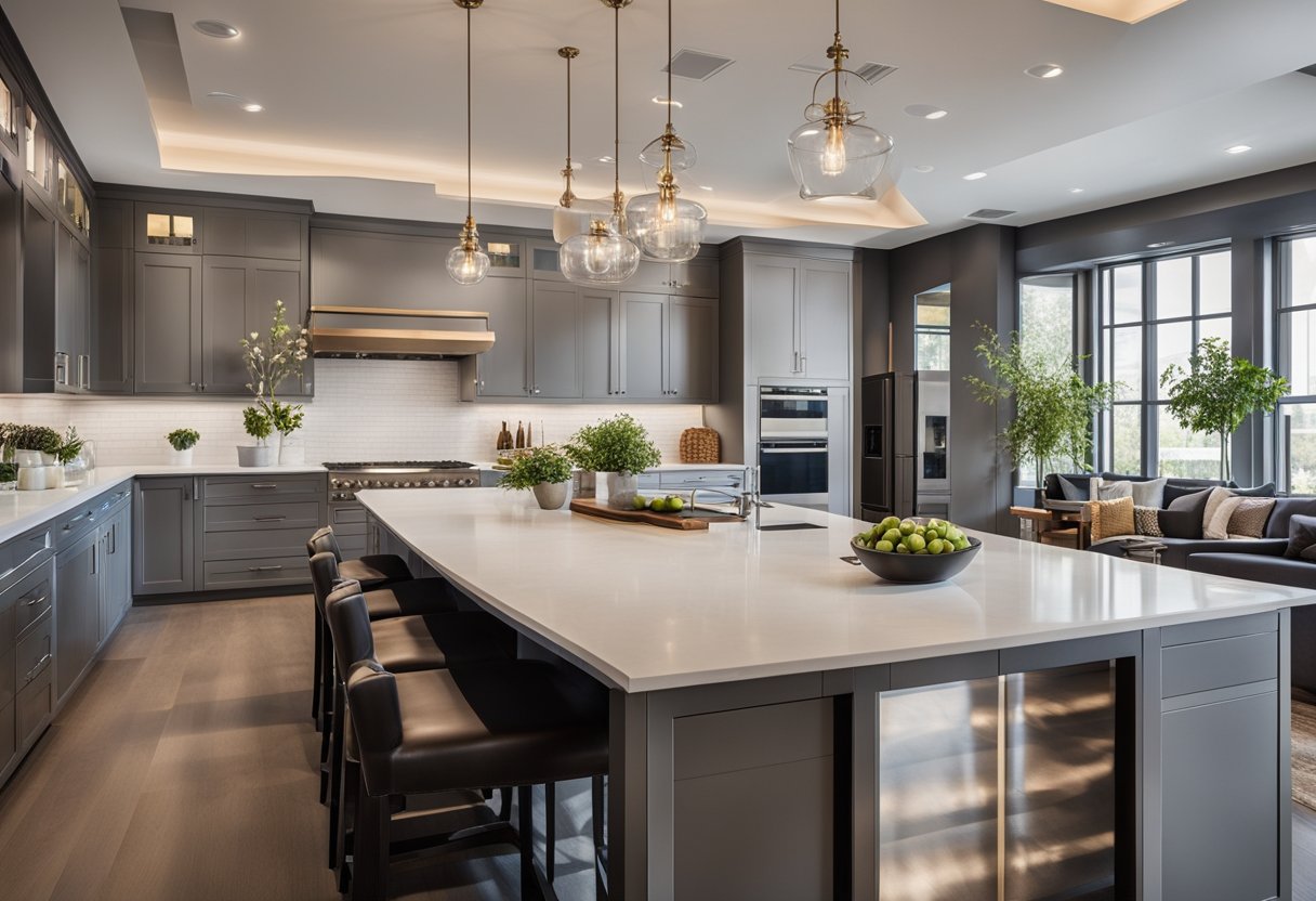 A spacious kitchen with a large island, adorned with sleek countertops and modern appliances, surrounded by ample seating and ample storage space