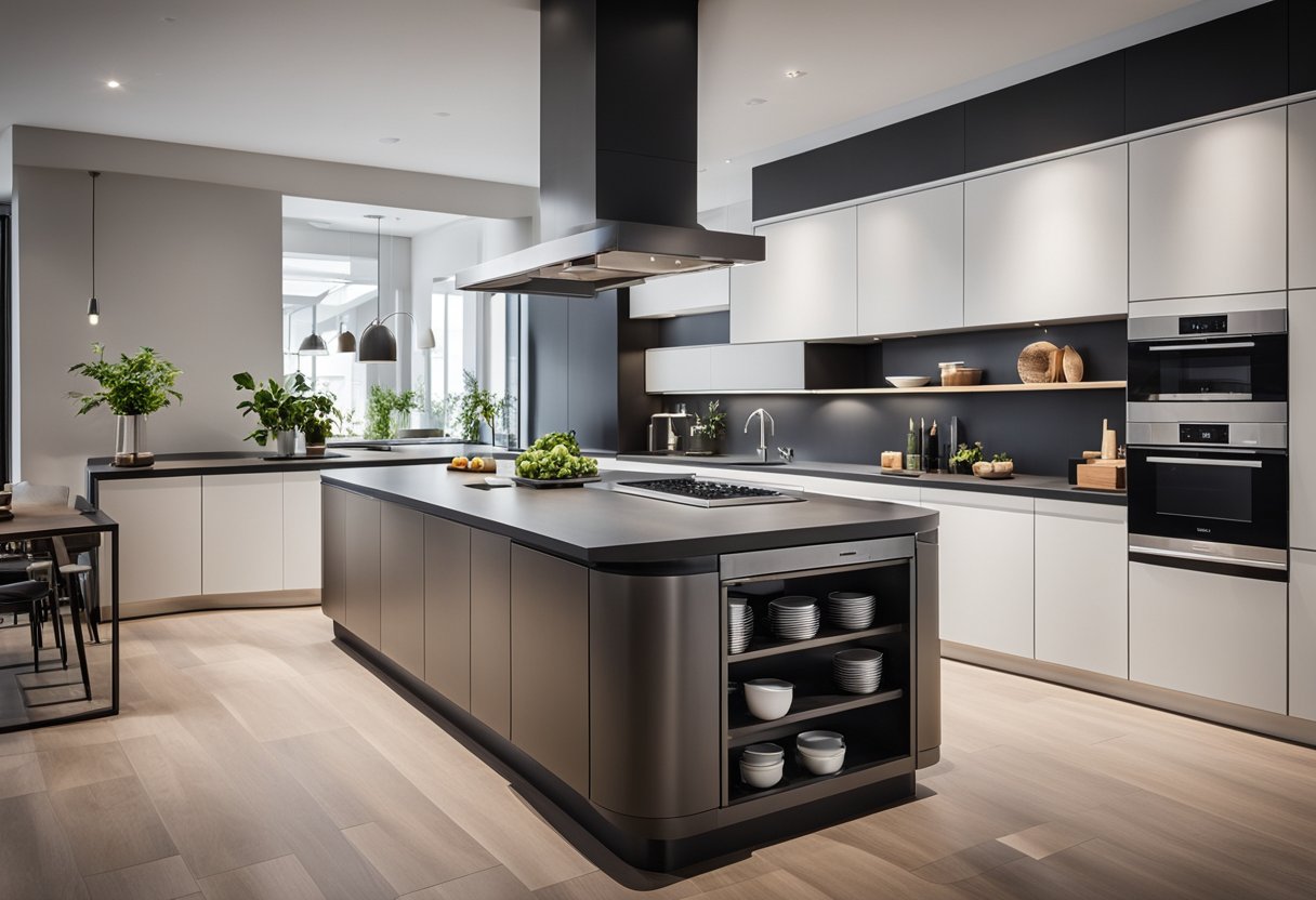 A spacious kitchen island with multiple storage compartments and built-in appliances, surrounded by ample counter space for food preparation