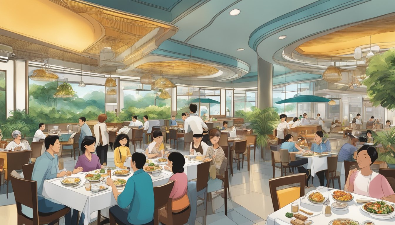 Diners savoring diverse cuisines at Paragon's bustling restaurants in Singapore. Aromatic dishes fill the air as patrons enjoy the culinary delights