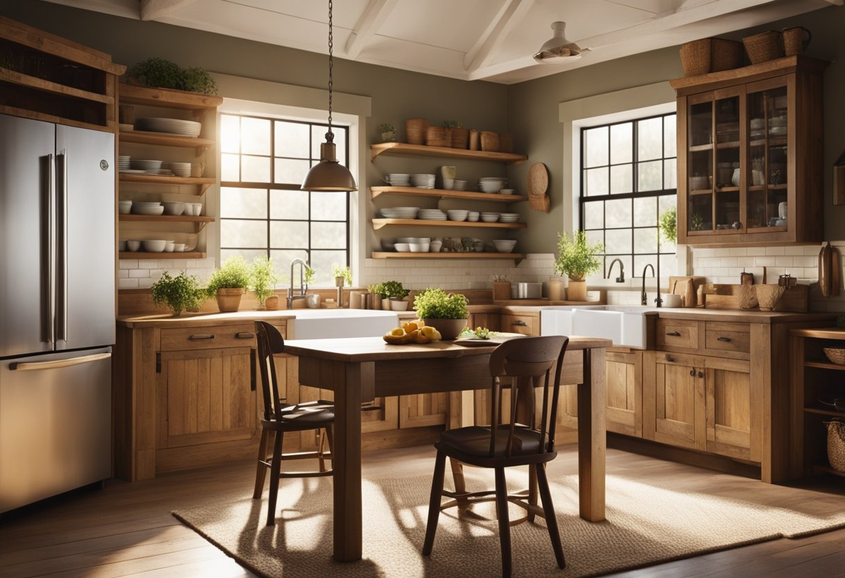 A cozy country kitchen with rustic wooden cabinets, a farmhouse sink, and a small dining area. Sunlight streams in through the window, casting a warm glow over the quaint space