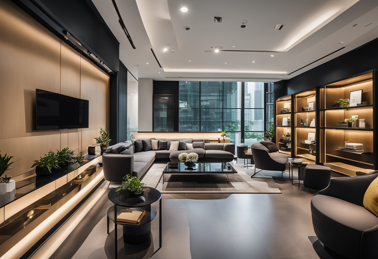 A sleek, modern furniture showroom in Singapore, with minimalist designs and elegant displays, showcasing a journey towards the east