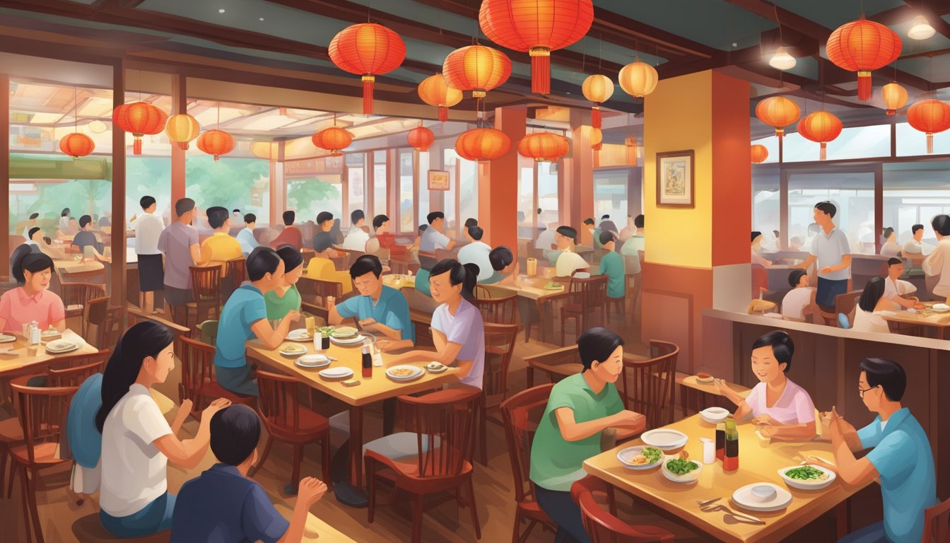 A bustling Bedok Chinese restaurant, filled with round tables, red lanterns, and the aroma of sizzling stir-fry dishes