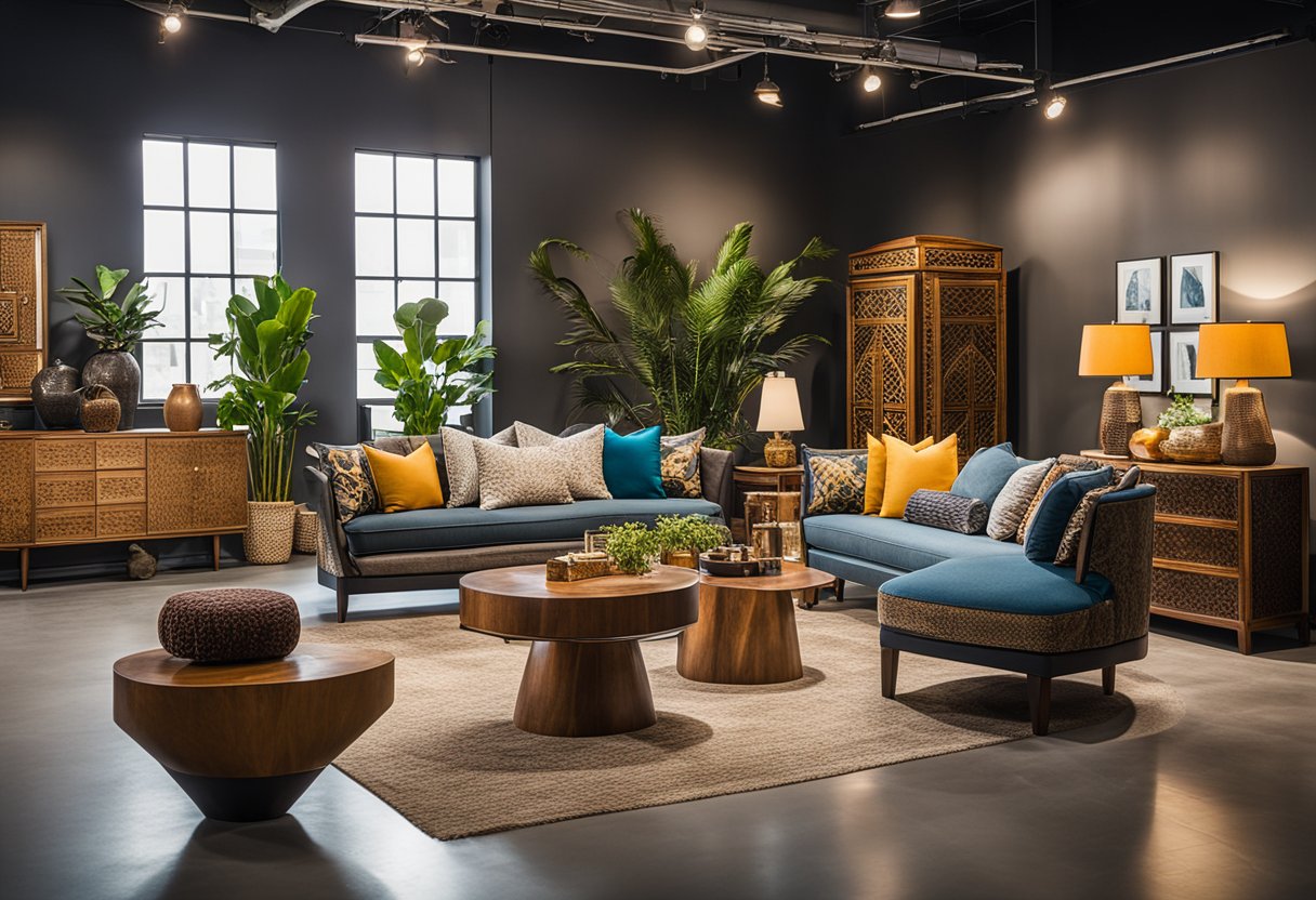 A diverse array of unique furniture pieces from Journey East's collection are arranged in a spacious, well-lit showroom, showcasing their intricate designs and vibrant colors