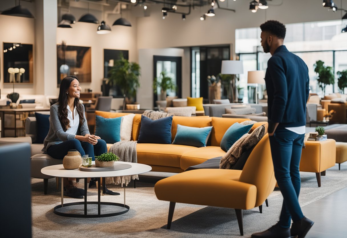 Customers browse modern furniture at Journey East, admiring sleek designs and vibrant colors. The showroom is spacious, with natural light streaming in, creating a warm and inviting atmosphere