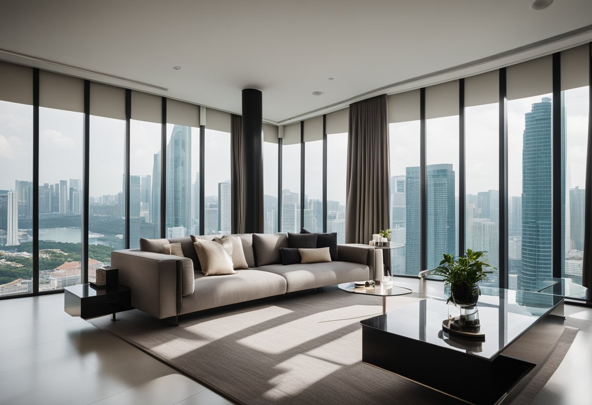 A sleek, minimalist living room with a modern sofa, designer coffee table, and stylish floor lamp in a high-rise apartment in Singapore