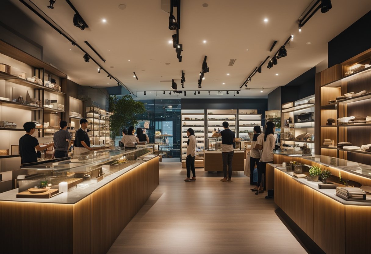 Customers browsing through furniture displays at Journey East Singapore, with staff assisting and answering frequently asked questions