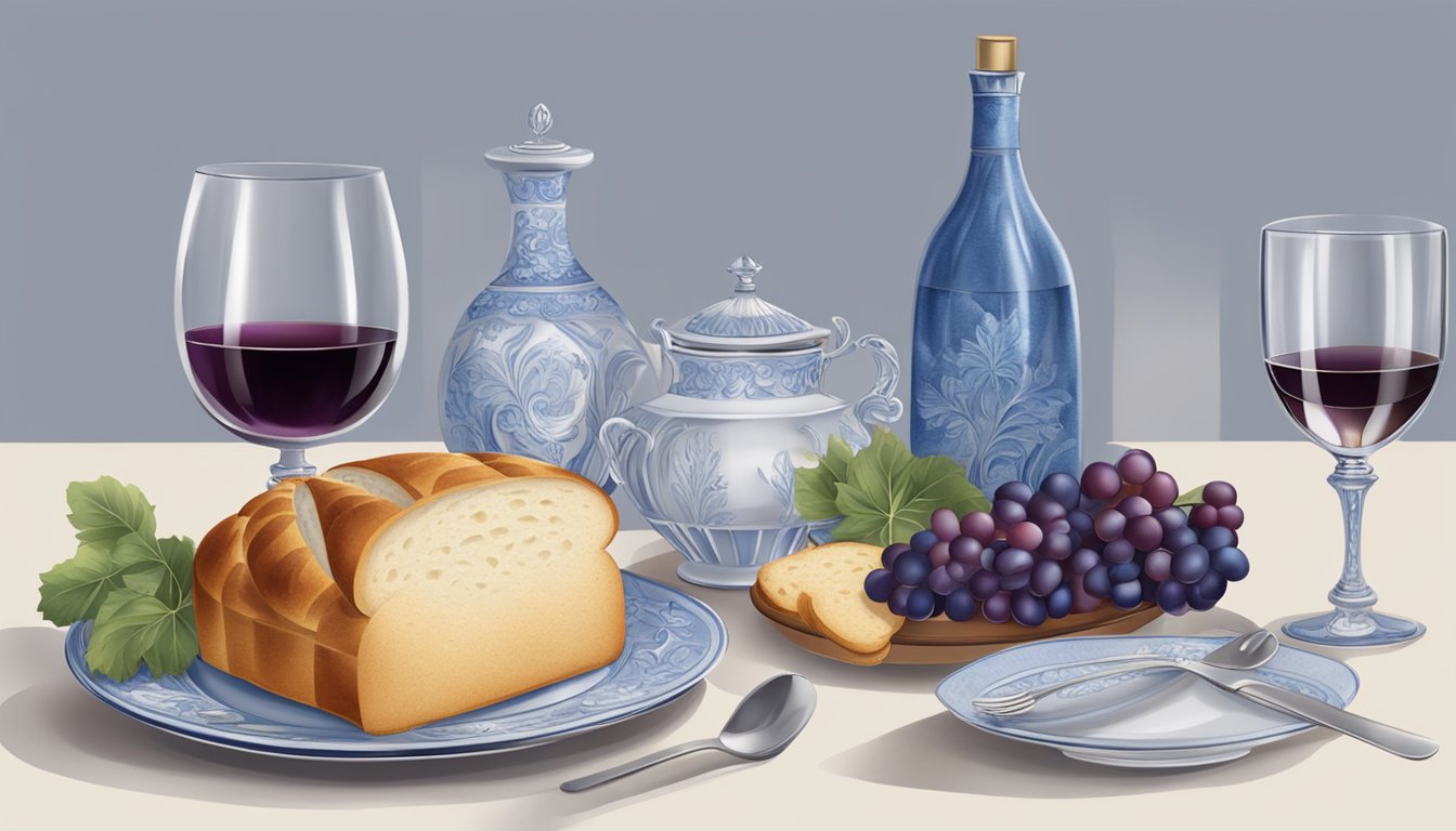 A table set with fine china, crystal glassware, and polished silverware. A bottle of wine and a bread basket sit in the center