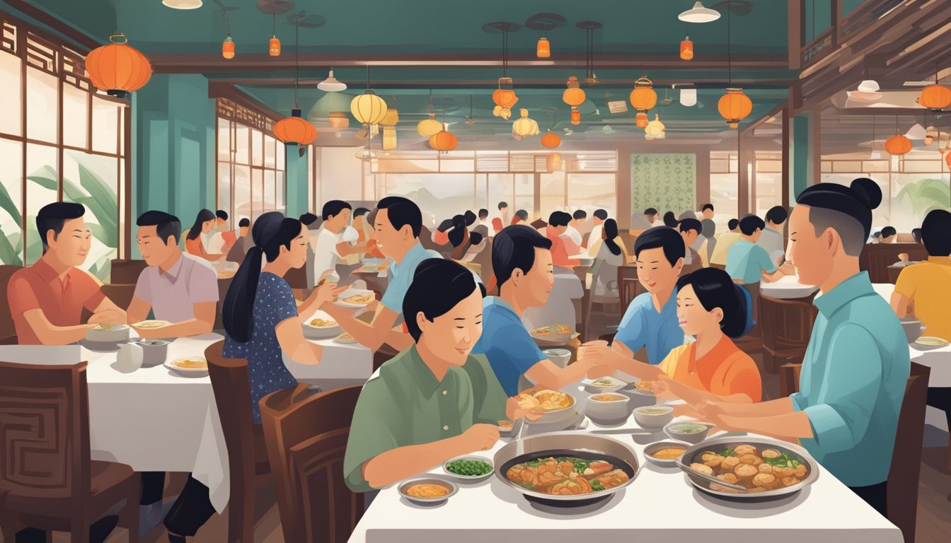 Customers savoring dim sum and sizzling hotpots at Bedok's bustling Chinese restaurant. Aromatic dishes fill the air as waiters rush between tables