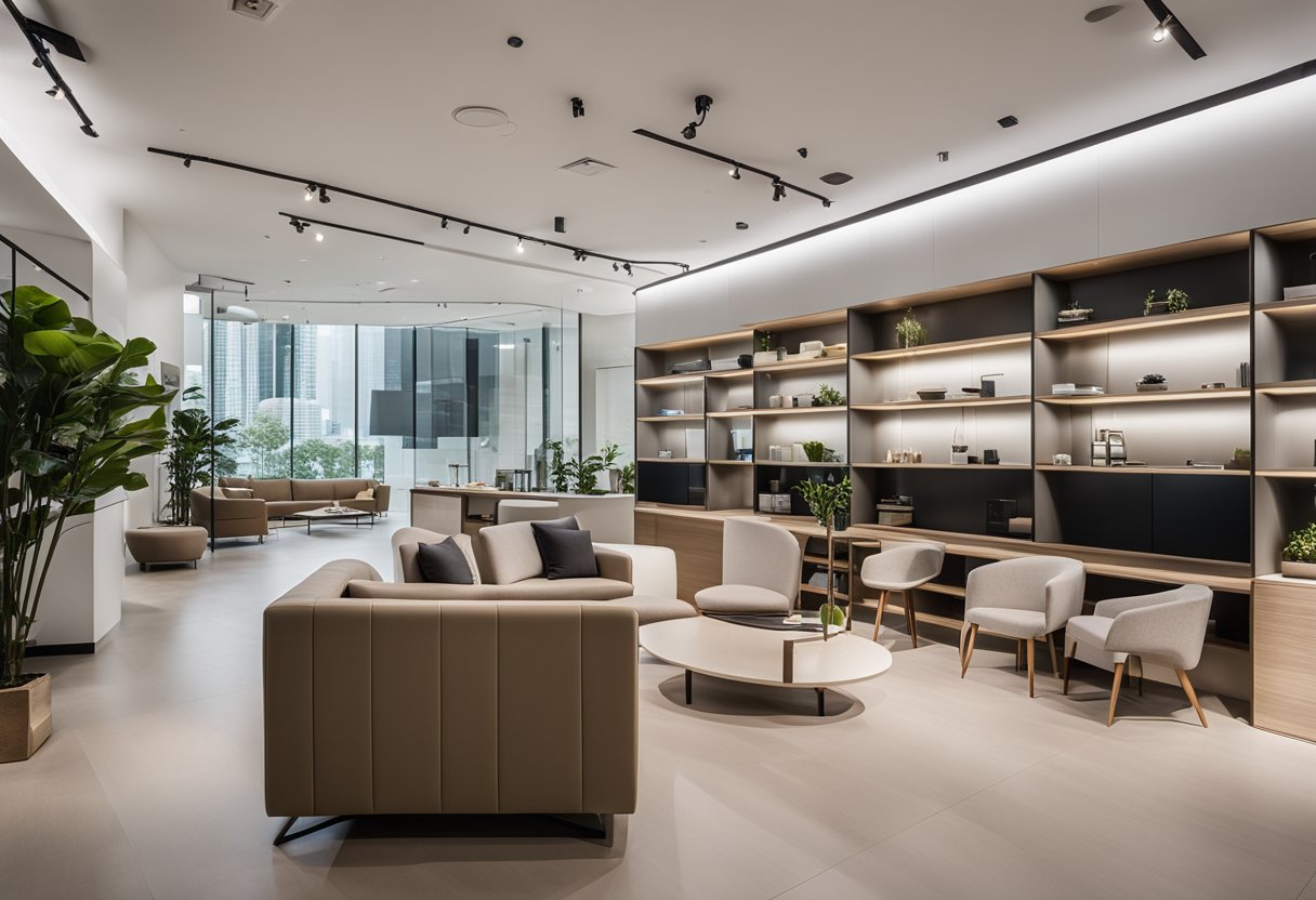 A sleek, minimalist showroom filled with modern furniture in Singapore. Clean lines, neutral colors, and innovative design elements create a sophisticated atmosphere