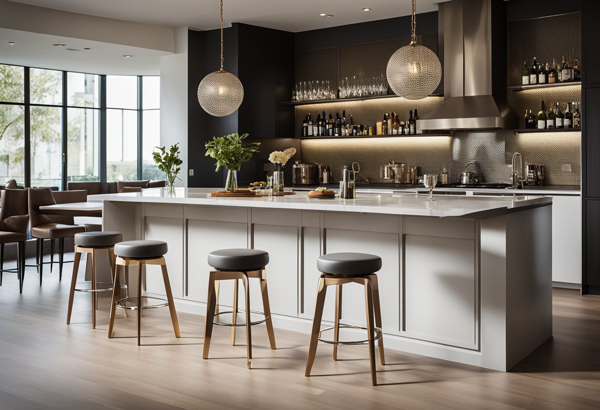 Sleek, modern bar stools line a chic kitchen island, with clean lines and luxurious materials creating a sophisticated, designer look