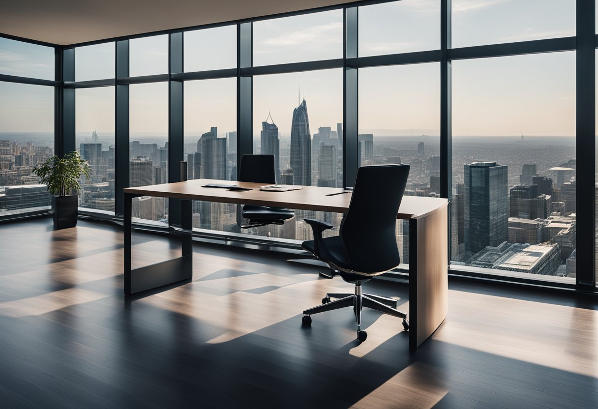 A sleek, modern executive office with a minimalist desk, leather chair, and floor-to-ceiling windows overlooking a city skyline