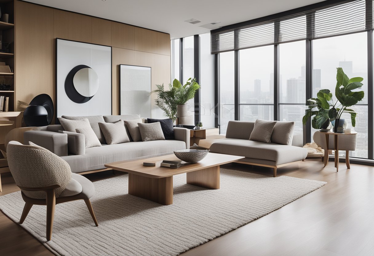 A modern living room with sleek furniture, clean lines, and a minimalist design. Bright natural light floods the space, creating a warm and inviting atmosphere