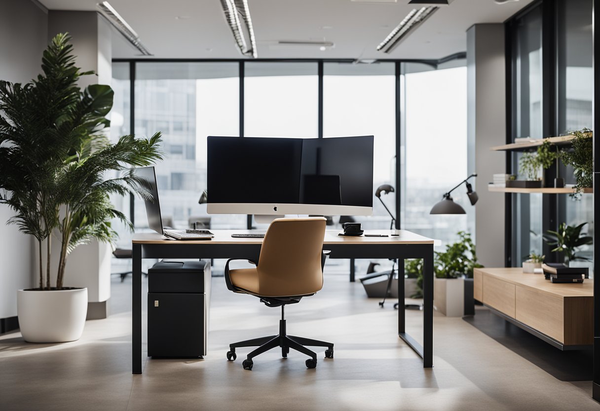 A modern office space with sleek Kino furniture, clean lines, and a minimalist aesthetic. The furniture is arranged in a functional and stylish manner, creating a professional and inviting atmosphere