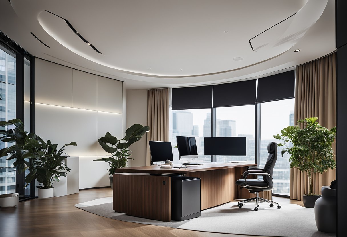A spacious private executive office with modern furniture, sleek desk, ergonomic chair, large windows, and minimalist decor