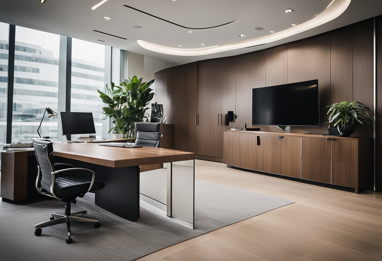 A sleek executive office with branded decor, personalized desk accessories, and custom artwork on the walls