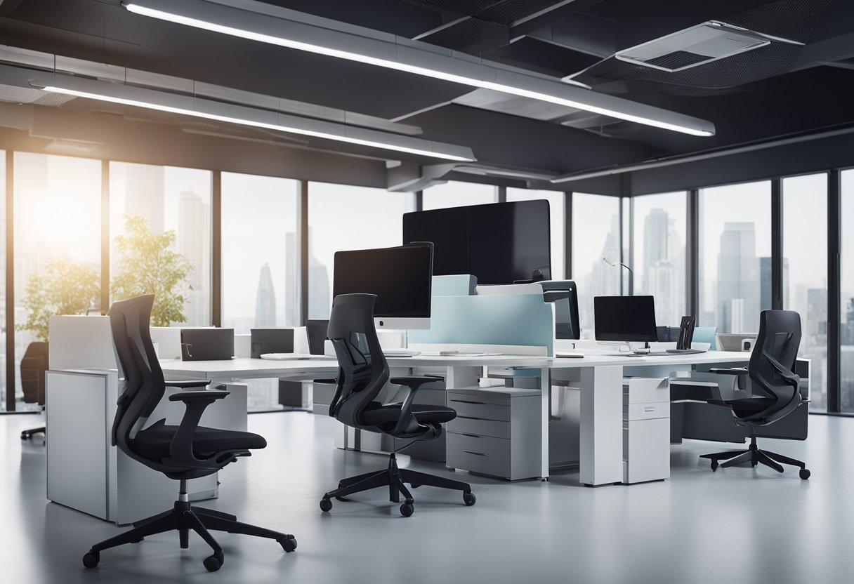A sleek, modern office space with ergonomic furniture and integrated technology. Clean lines and a minimalist design create a productive and efficient work environment