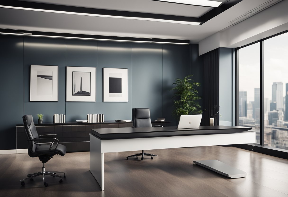 A sleek, modern executive office with a minimalist design. A large desk, comfortable seating, and a sophisticated color scheme
