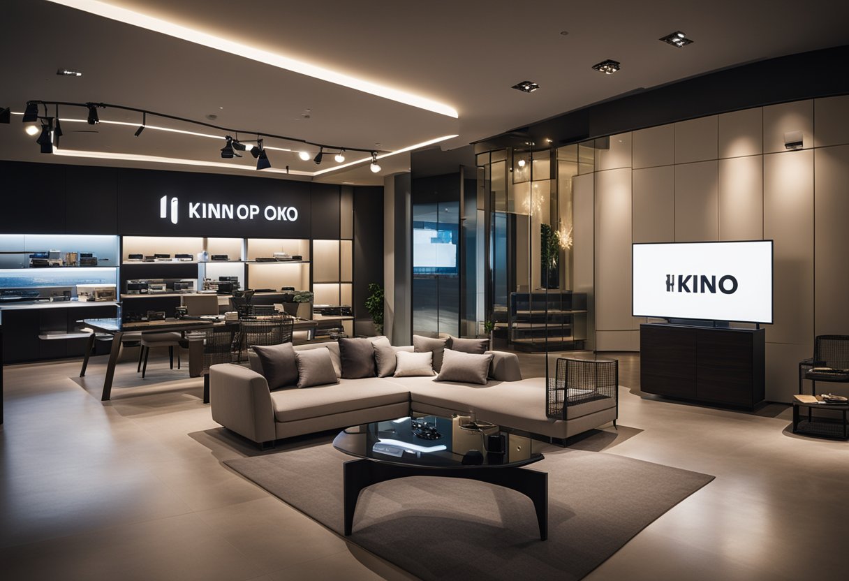 A modern showroom with sleek furniture displays and a sign reading "Frequently Asked Questions - Kino Furniture Singapore" prominently displayed