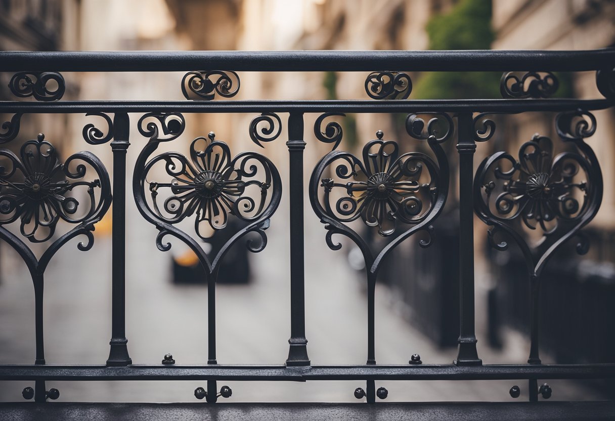 A wrought iron balcony railing with intricate swirls and floral patterns overlooks a bustling city street