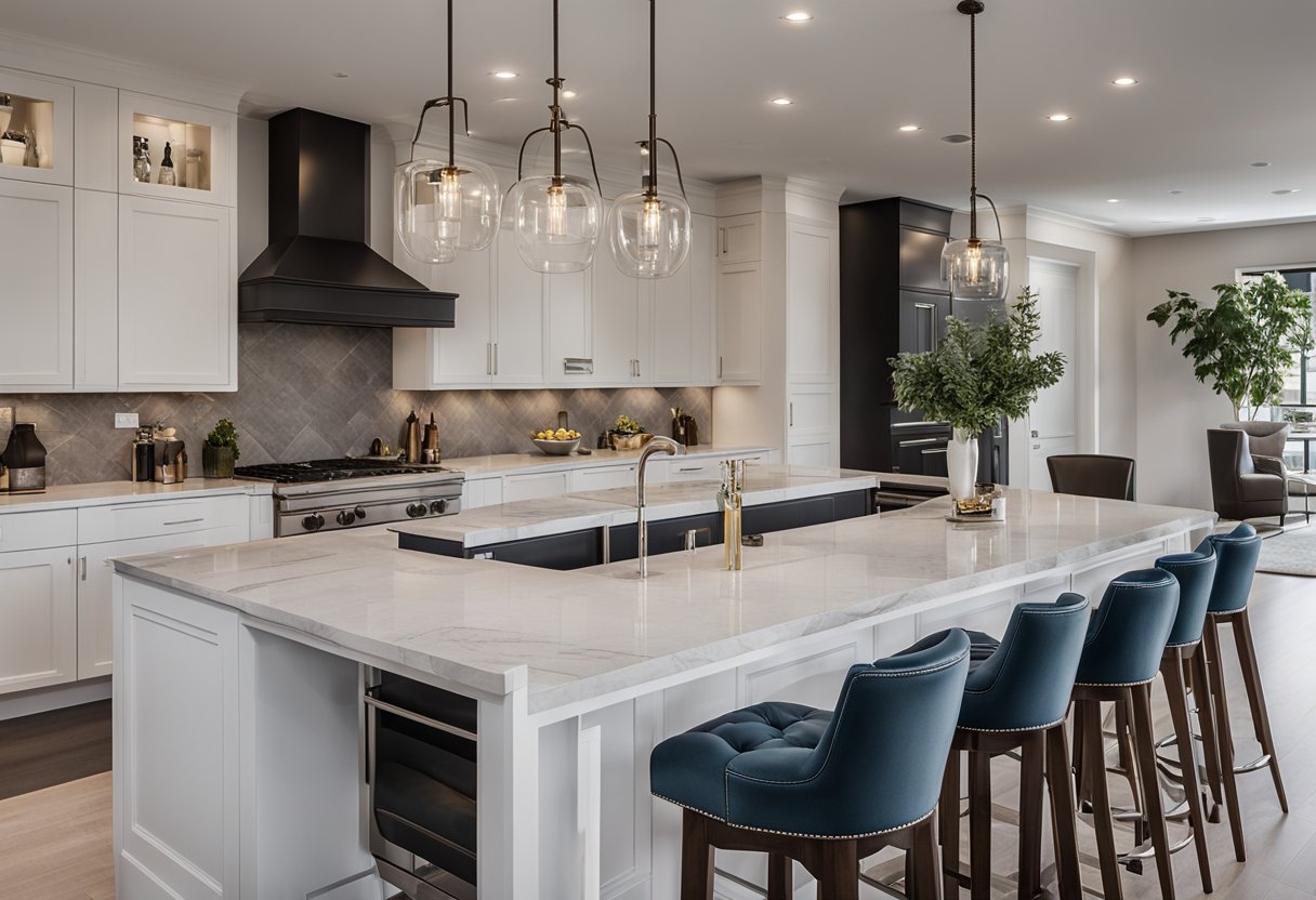 Luxury bar stools line a sleek kitchen island, adding a touch of elegance to the modern space. The designer stools feature clean lines and luxurious materials, elevating the home's aesthetic
