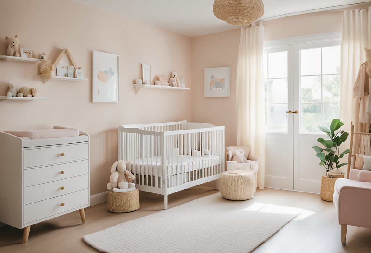 A cozy nursery with a crib, changing table, and rocking chair in a bright and airy room. Soft pastel colors and cute animal-themed decor complete the space