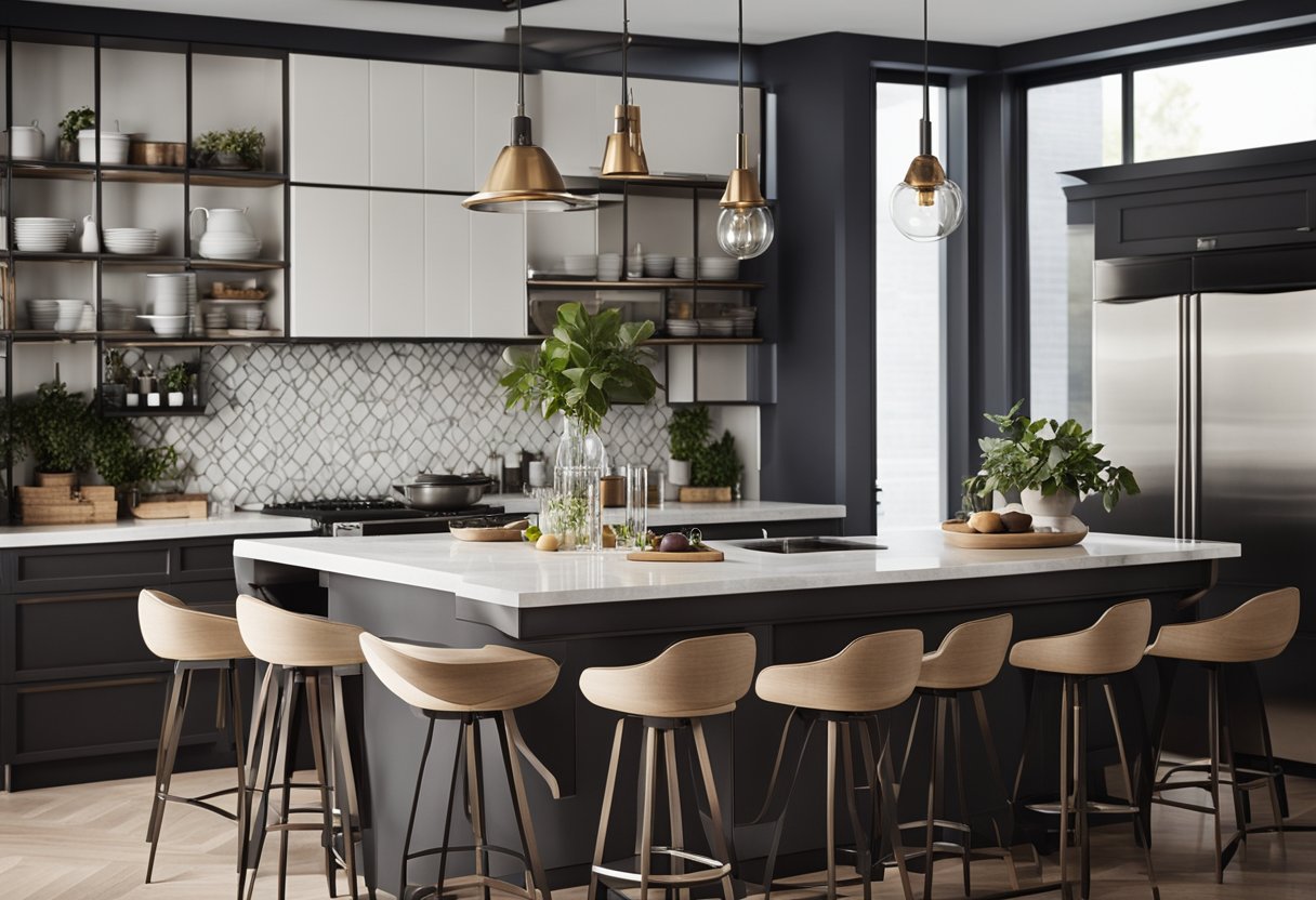 A modern kitchen with sleek designer bar stools arranged neatly around a stylish island, creating an inviting and functional space for entertaining and dining