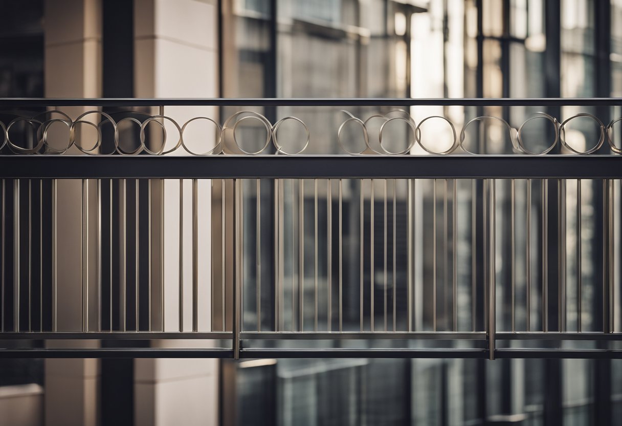 A modern, sleek balcony railing design with clean lines and metallic materials. The style is minimalistic with geometric patterns and a mix of glass and metal