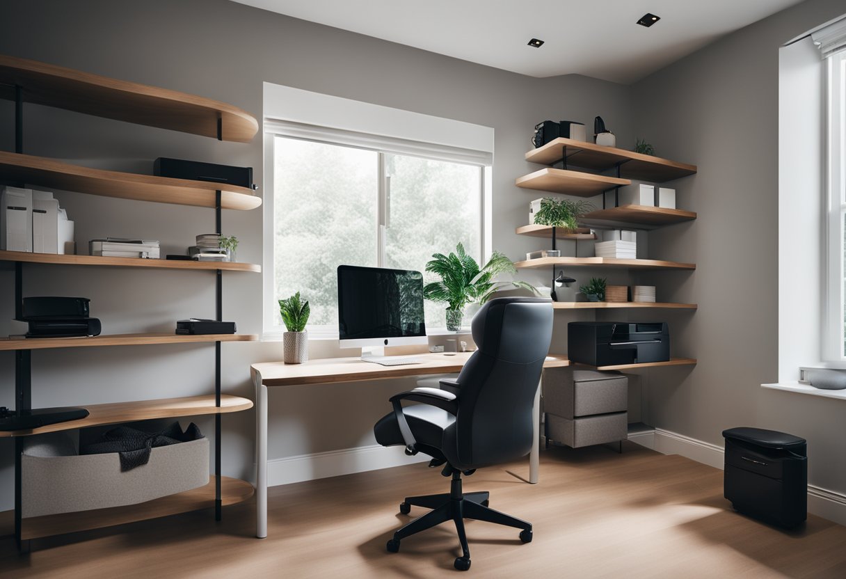 A sleek desk with a computer, ergonomic chair, organized shelves, and natural lighting in a modern home office