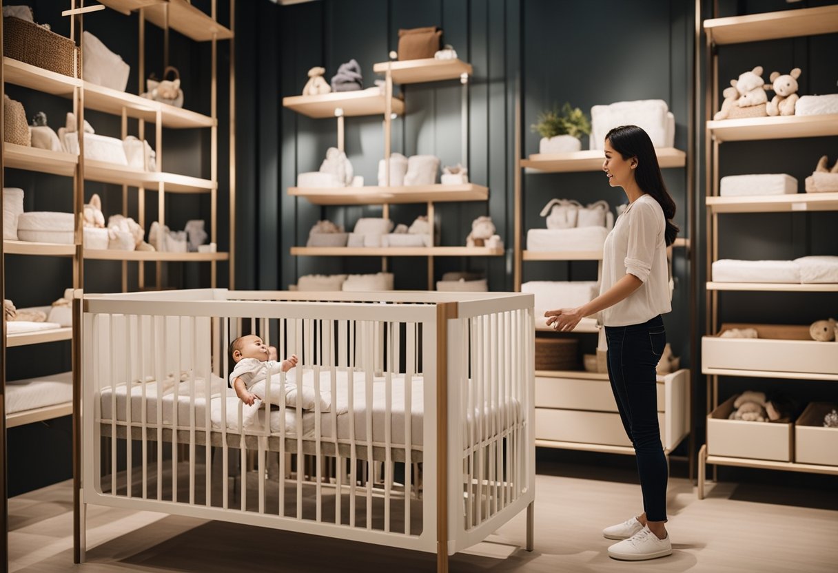 A couple browses cribs and changing tables in a modern baby furniture store in Singapore