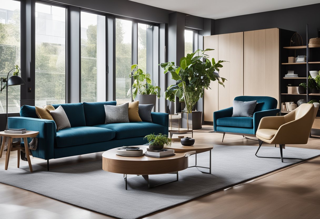A modern living room with sleek, minimalist furniture from Cubo. Clean lines, bold colors, and innovative designs create a stylish and contemporary space