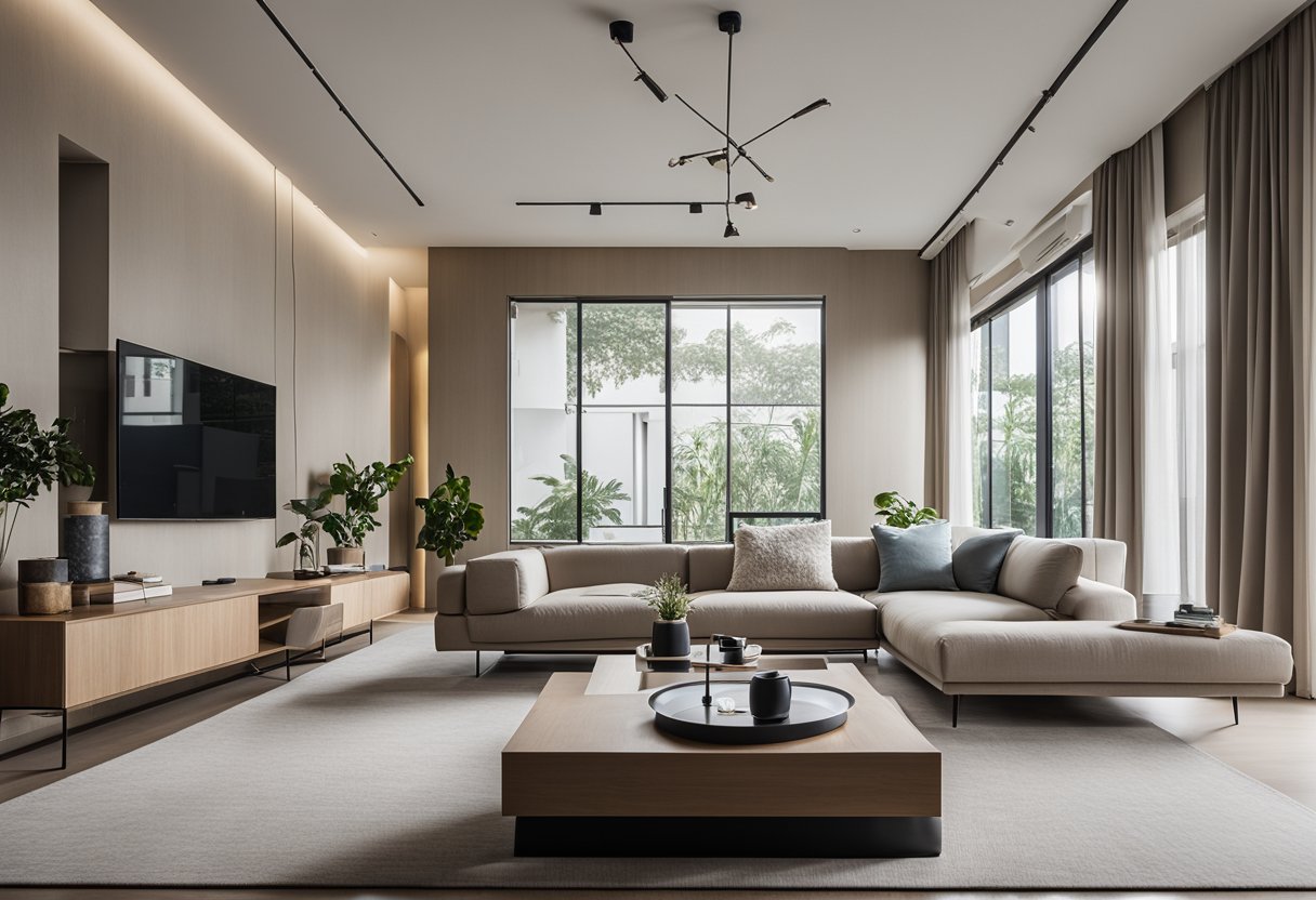 A modern living room with sleek, minimalist furniture from Cubo in Singapore. Clean lines, neutral colors, and natural light create a serene and stylish space