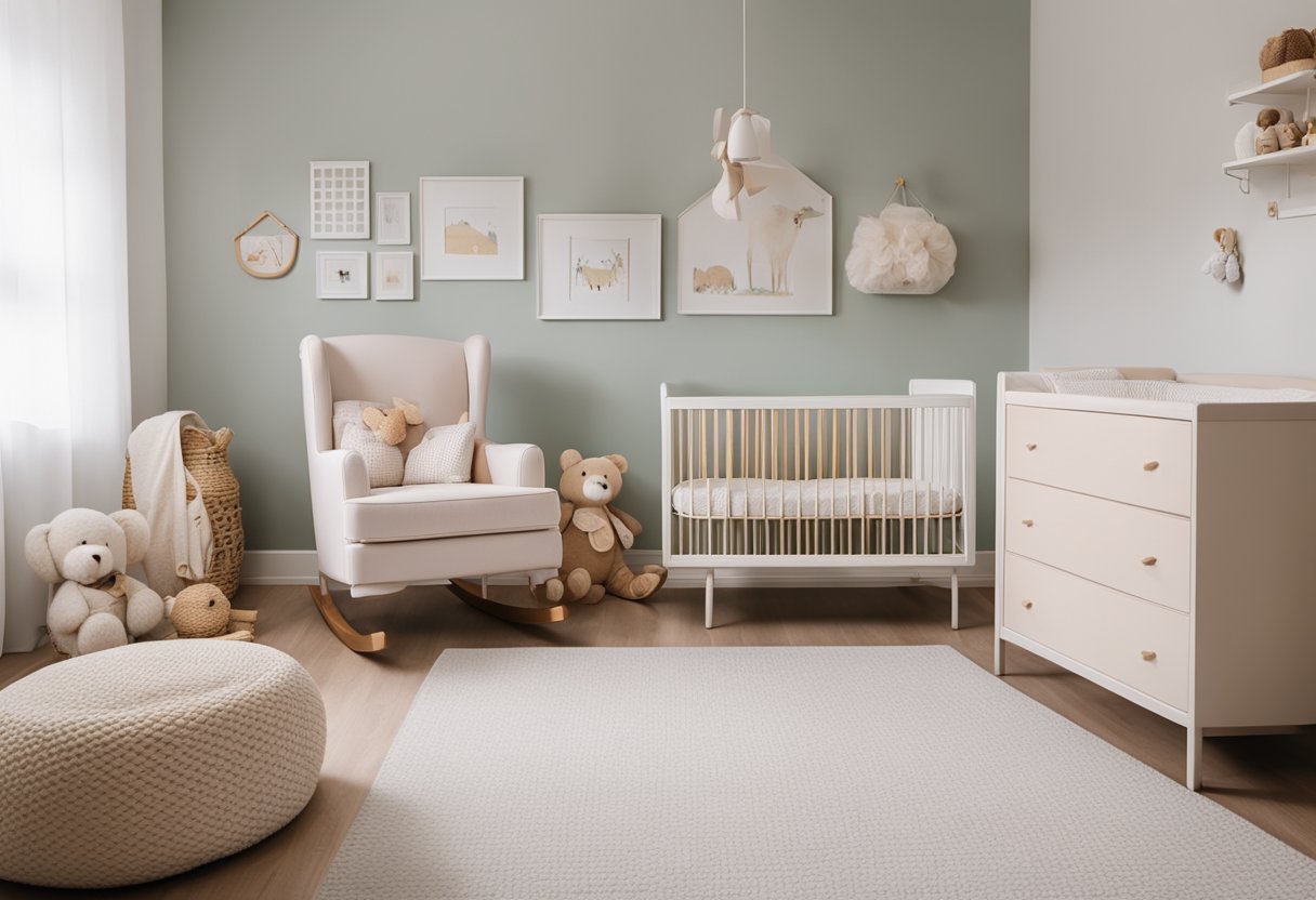 A cozy nursery with modern baby furniture, soft pastel colors, and a variety of storage options. A crib, changing table, and rocking chair create a welcoming space for a new arrival
