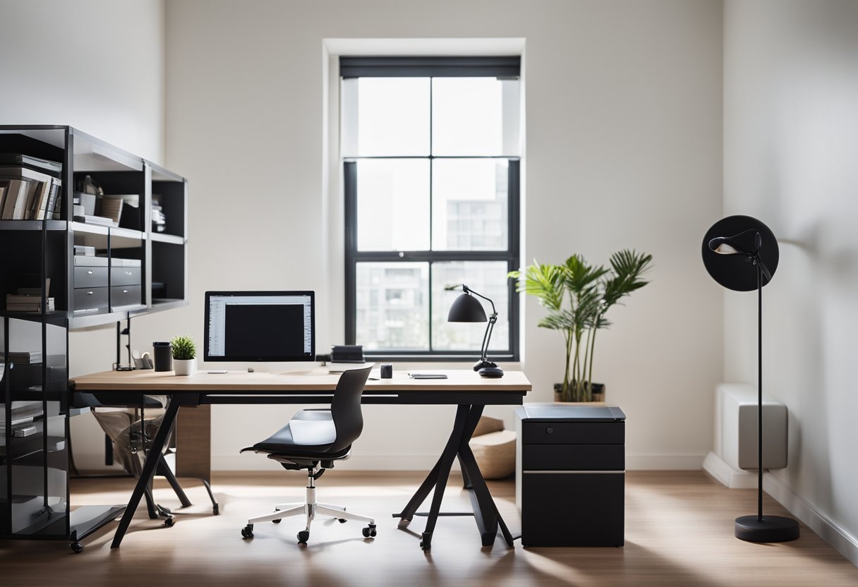 A sleek desk with organized storage, ergonomic chair, and modern technology in a bright, minimalist home office