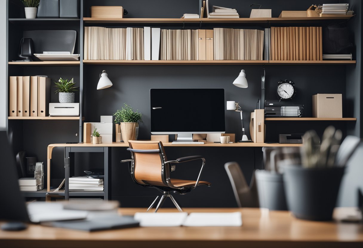 A modern desk with organized shelves, ergonomic chair, and natural lighting in a clutter-free room