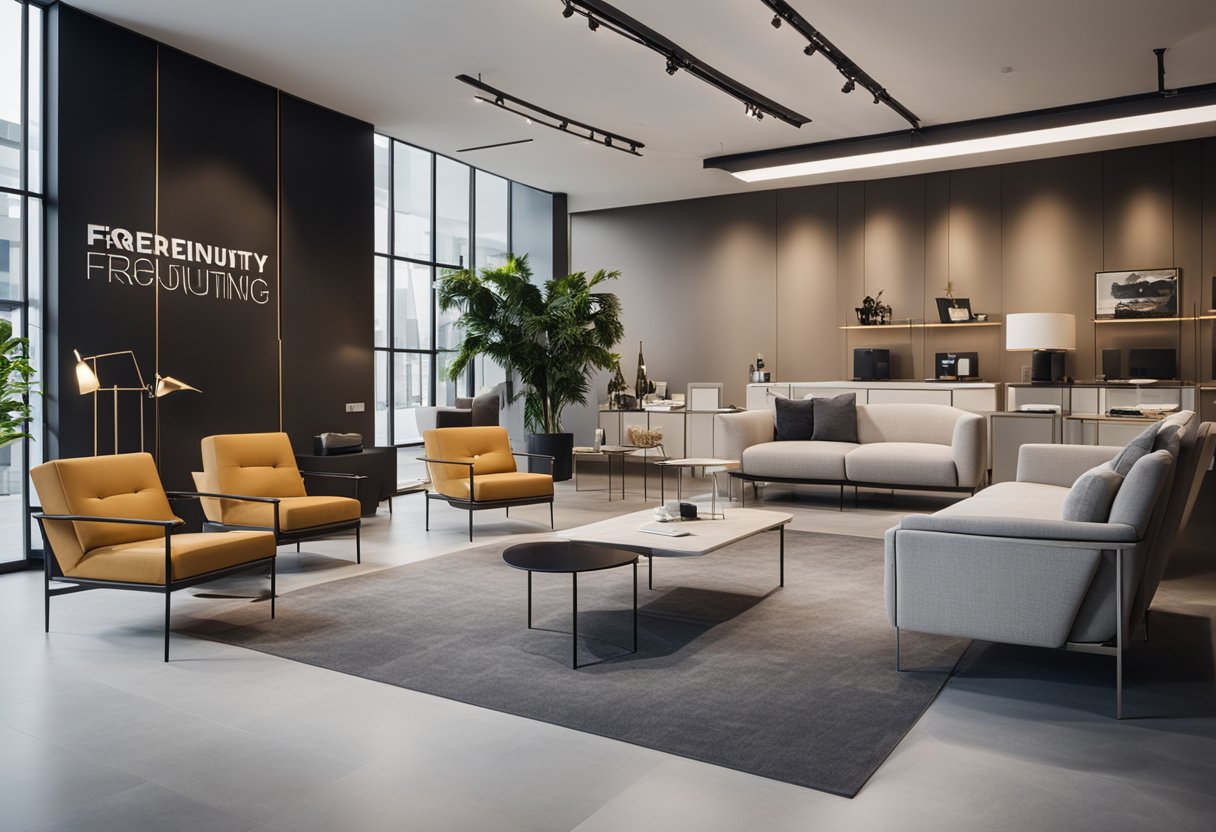 A modern, minimalist showroom with sleek, stylish furniture displays and a prominent "Frequently Asked Questions" sign