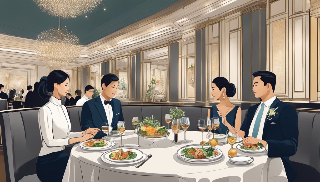 Customers savoring gourmet dishes at a stylish, upscale restaurant in Singapore. Elegant table settings and exquisite plating enhance the luxurious dining experience