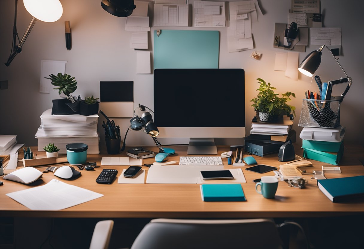 A cluttered desk with mismatched furniture, fluorescent lighting, and bland walls. A sad attempt at organization with cheap office supplies