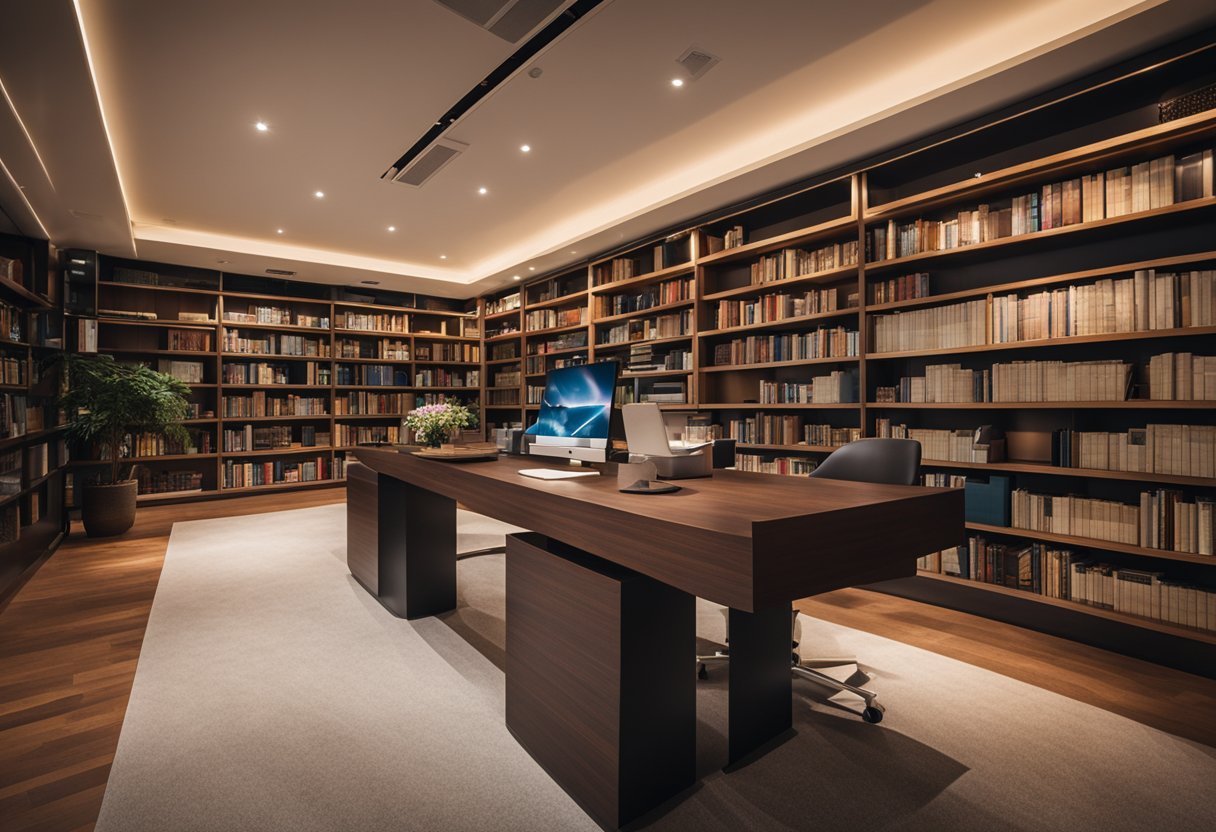 A cozy library in Singapore with modern furniture and warm lighting. Shelves filled with books, a comfortable reading nook, and a sleek study desk