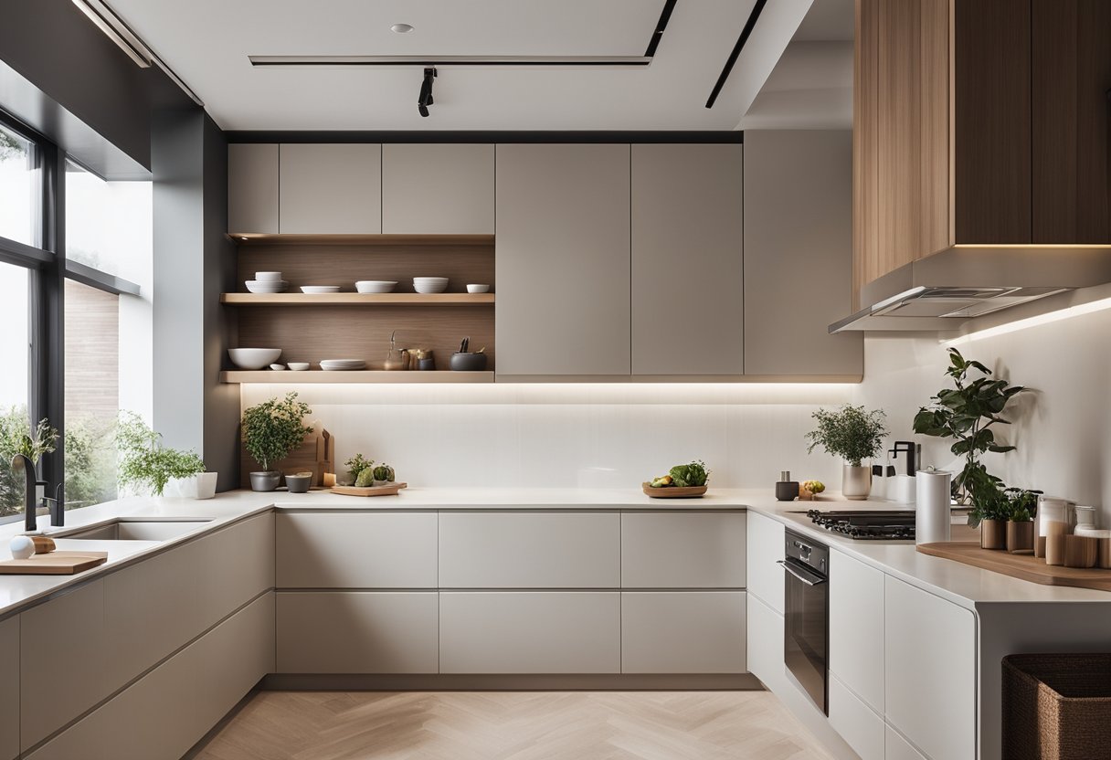 A clean, uncluttered kitchen with sleek cabinets, simple lines, and neutral colors. A large window lets in natural light, illuminating the minimalist design