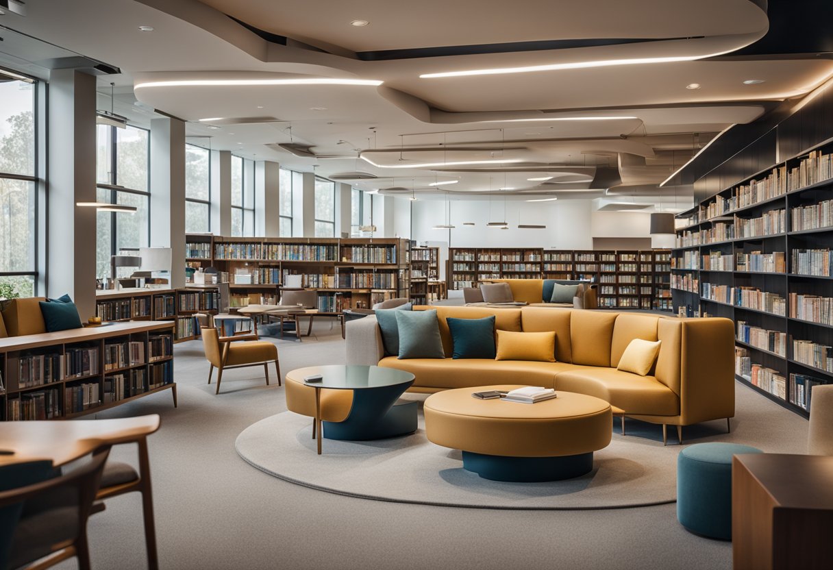 A spacious library with modern furniture packages, including study tables, bookshelves, and comfortable seating areas. Bright lighting and a clean, organized layout